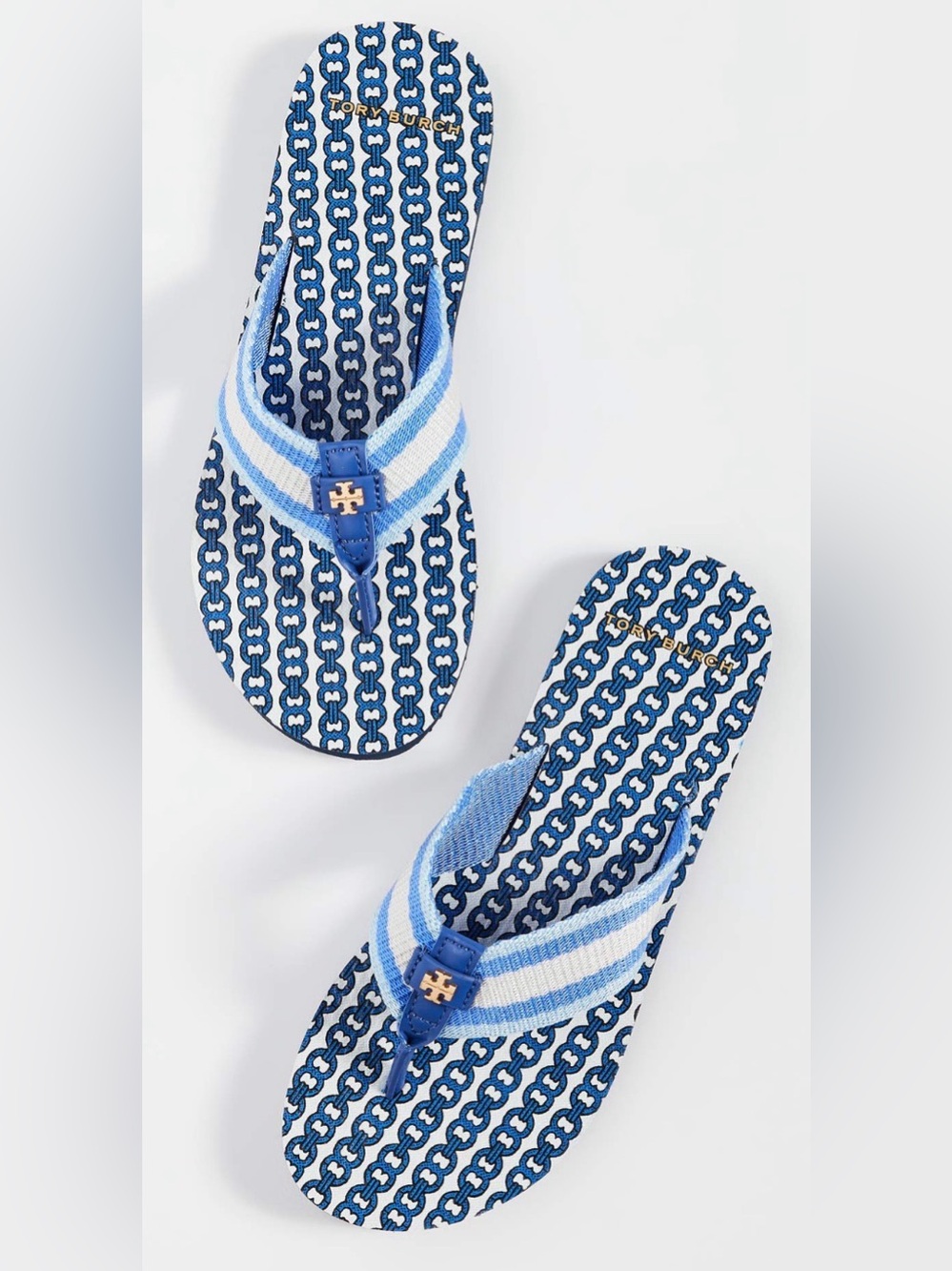 Tory Burch Gemini Link Bondi Blue Flip Flops Gold Logo SZ9 EUC